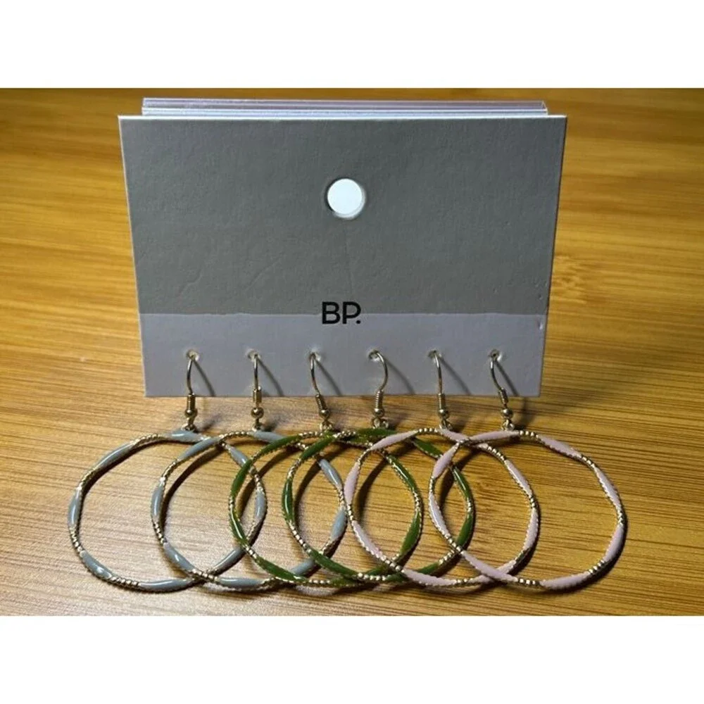 BP. 3-Pair Enamel Hoop Earrings Set Gray Green Pink Gold Tone NWT New Boho